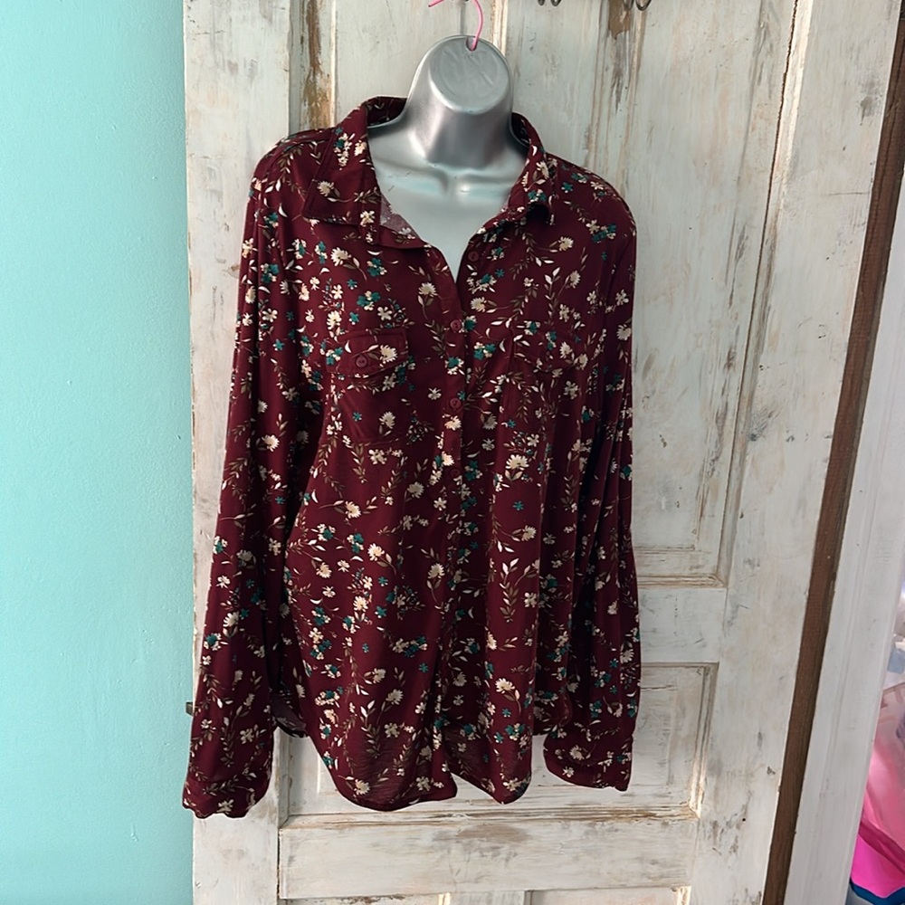 Soft Maroon Floral Blouse with breast pocket